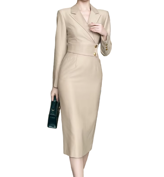 Timeless & Elegant Long Sleeve Lapel Neck Slim Waist Professional & Versatile Dresses  - B4-DRESS-B359