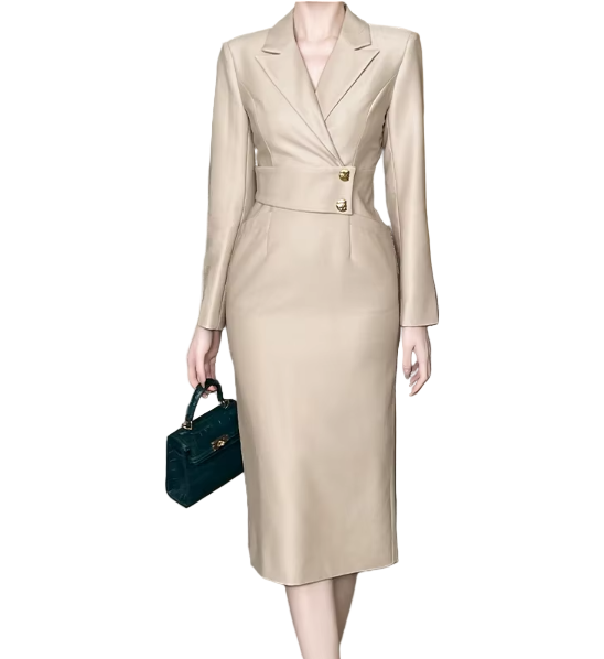 Timeless & Elegant Long Sleeve Lapel Neck Slim Waist Professional & Versatile Dresses  - B4-DRESS-B359