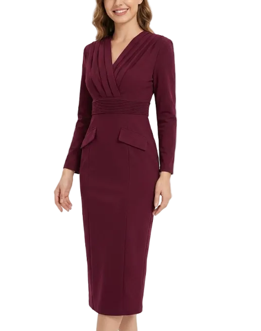 Timeless Trendy & Elegant Long Sleeve Pleated V-Neck Slim Waist Professional & Versatile Dresses  - B4-DRESS-B363