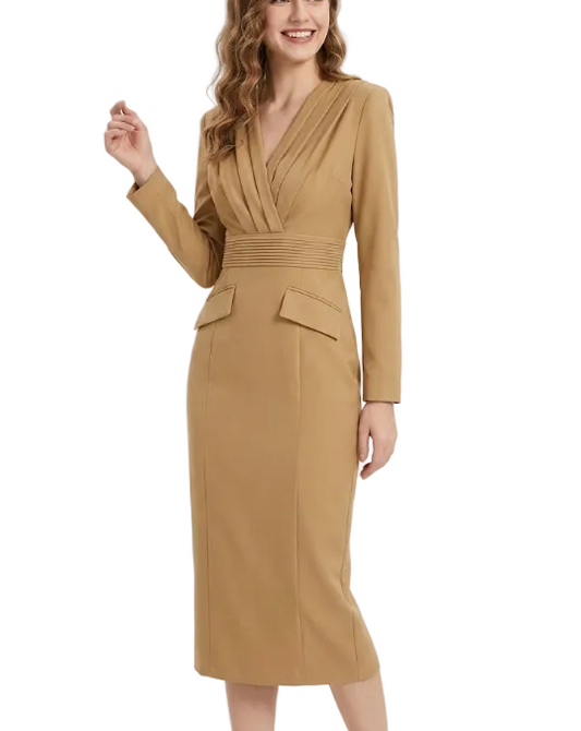 Timeless Trendy & Elegant Long Sleeve Pleated V-Neck Slim Waist Professional & Versatile Dresses  - B4-DRESS-B363