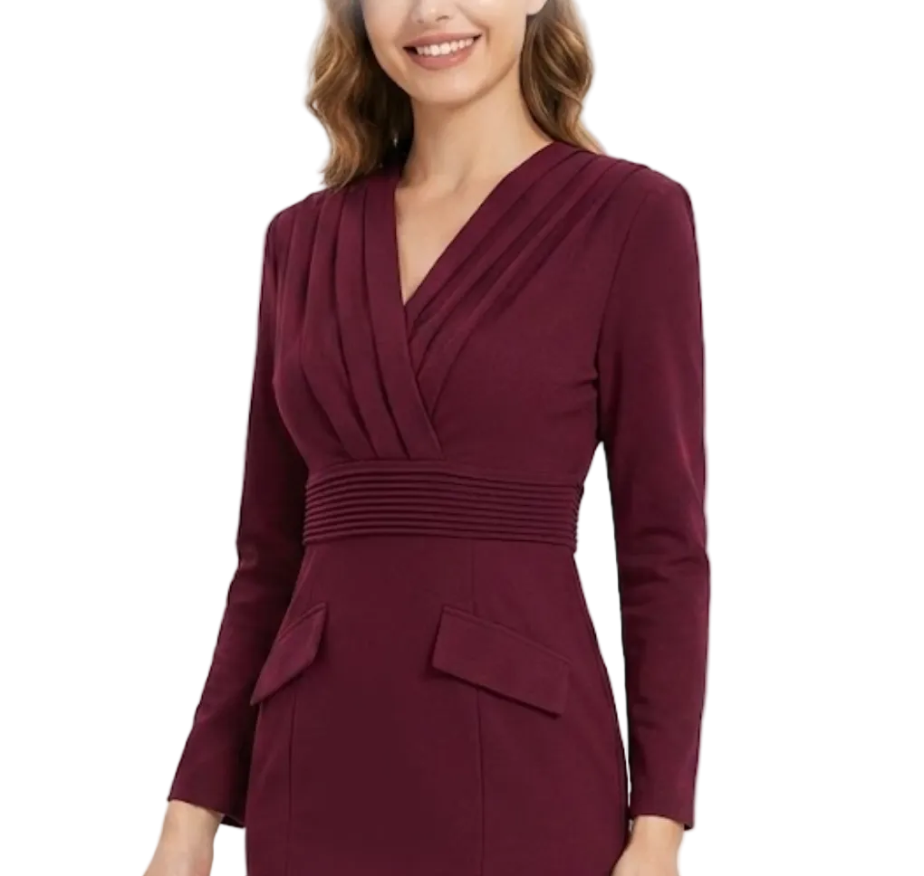 Timeless Trendy & Elegant Long Sleeve Pleated V-Neck Slim Waist Professional & Versatile Dresses  - B4-DRESS-B363