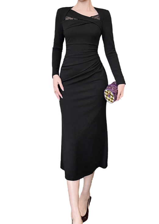 Timeless & Elegant Long Sleeve Slim Waist Versatile Black Dresses  - B4-DRESS-B396