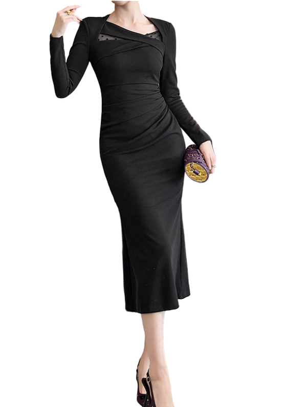 Timeless & Elegant Long Sleeve Slim Waist Versatile Black Dresses  - B4-DRESS-B396