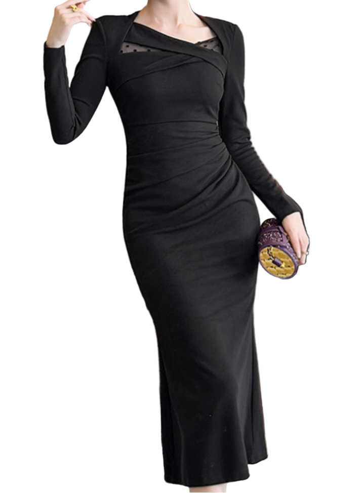 Timeless & Elegant Long Sleeve Slim Waist Versatile Black Dresses  - B4-DRESS-B396