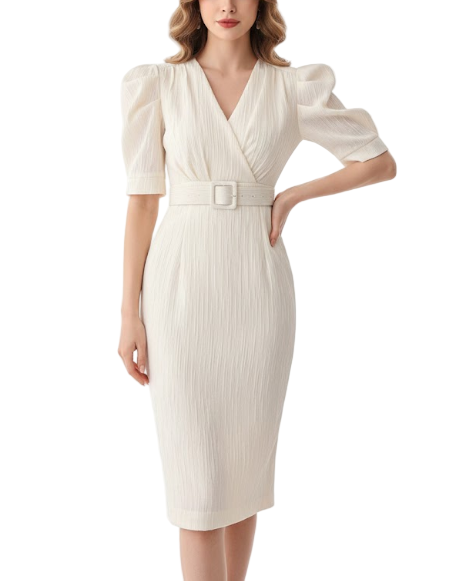 Timeless & Elegant Puff Sleeve Belted Bodycon Versatile Dresses  - B4-DRESS-B393