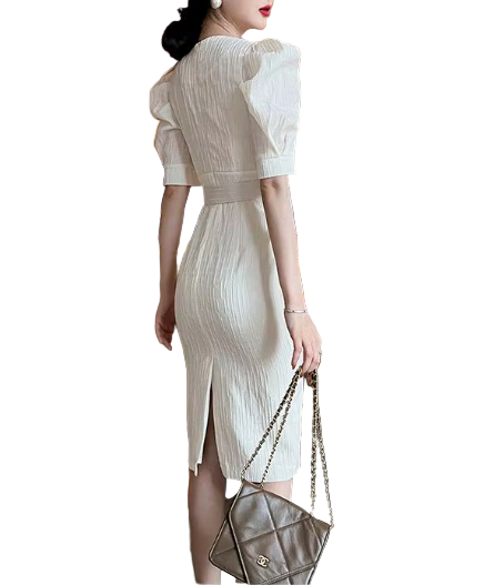 Timeless & Elegant Puff Sleeve Belted Bodycon Versatile Dresses  - B4-DRESS-B393