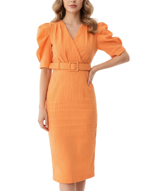 Timeless & Elegant Puff Sleeve Belted Bodycon Versatile Dresses  - B4-DRESS-B393