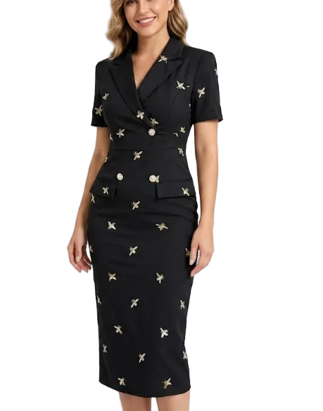 Timeless Trendy & Elegant Short Sleeve Lapel Neck Embroidered Black Dresses  - B4-DRESS-B356