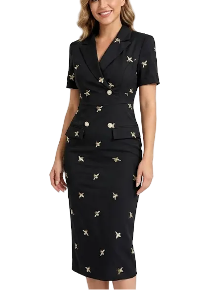Timeless Trendy & Elegant Short Sleeve Lapel Neck Embroidered Black Dresses  - B4-DRESS-B356