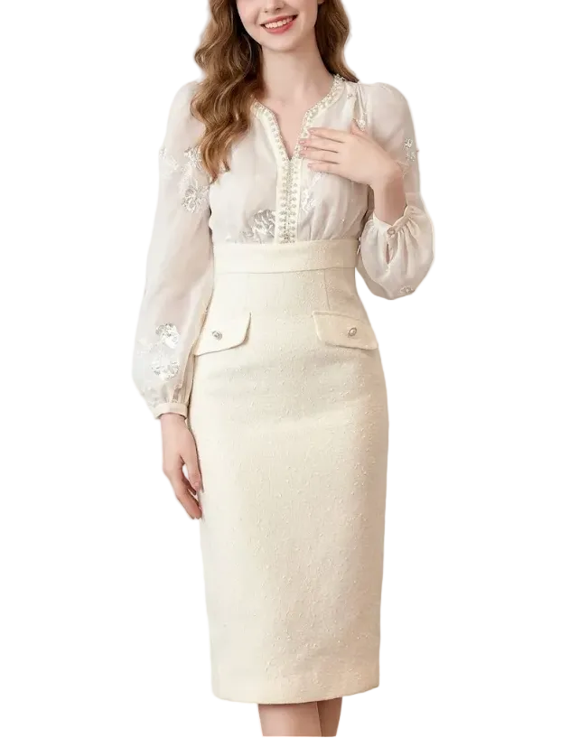 Timeless Trendy & Elegant Slim Waist Belted Long Sleeve Lapel Neck Pencil Dresses  - B4-DRESS-B353