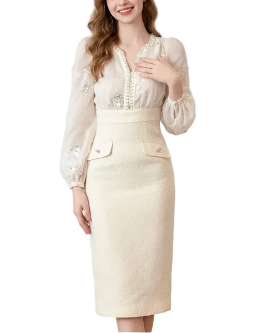 Timeless Trendy & Elegant Slim Waist Belted Long Sleeve Lapel Neck Pencil Dresses  - B4-DRESS-B353