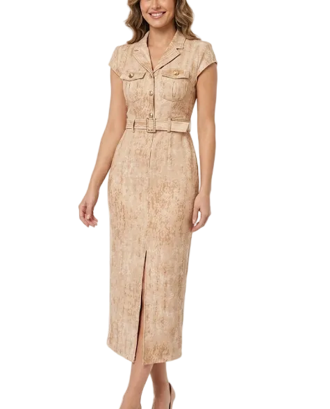 Timeless Trendy & Elegant Slim Waist Belted Short Sleeve Lapel Neck Dresses  - B4-DRESS-B352