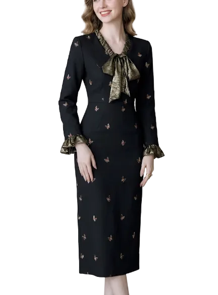 Timeless Trendy  & Elegant Slim Waist Long Sleeve Bow Neck Pencil Dresses  - B4-DRESS-B350