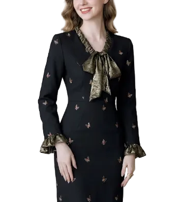 Timeless Trendy  & Elegant Slim Waist Long Sleeve Bow Neck Pencil Dresses  - B4-DRESS-B350