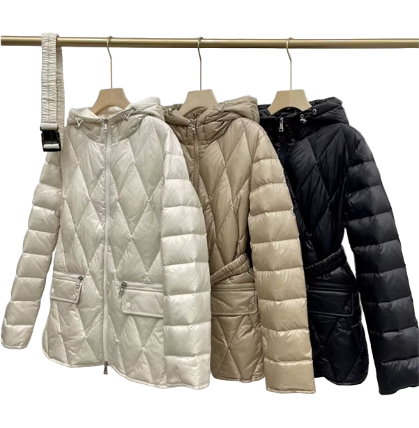 Timeless Ultra Light Hooded Waist Belt Rhombic 90% White Duck Down Quilted Jacket for Women - B12-JKT-69