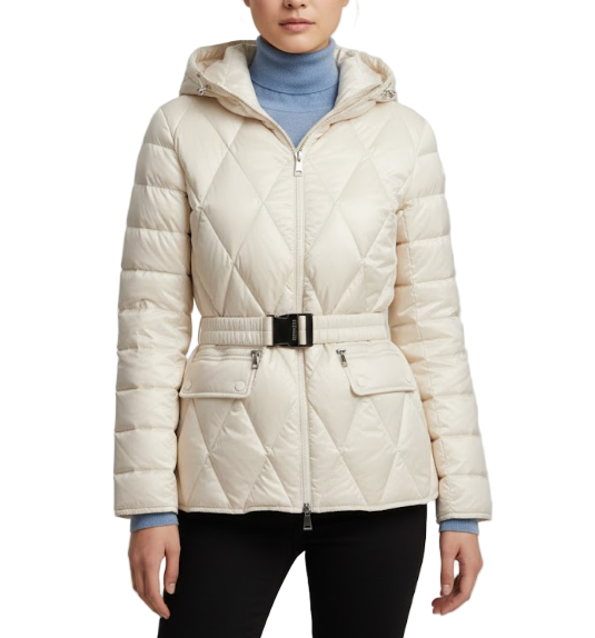 Timeless Ultra Light Hooded Waist Belt Rhombic 90% White Duck Down Quilted Jacket for Women - B12-JKT-69