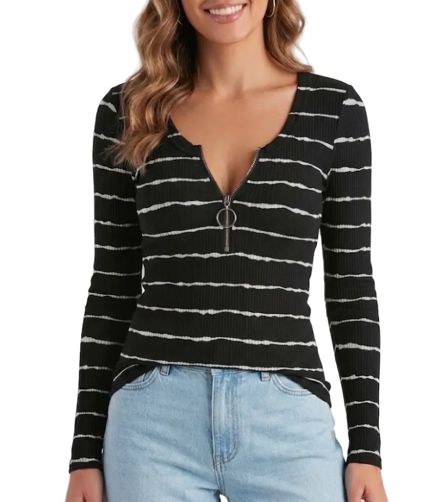 Timeless V -Zipped Neck Line Knitted Tunic Long Sleeve T Shirt - SM8-TOP-92