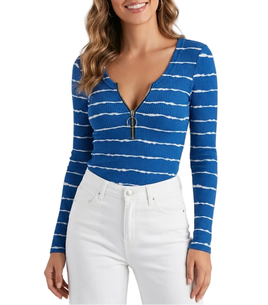 Timeless V -Zipped Neck Line Knitted Tunic Long Sleeve T Shirt - SM8-TOP-92