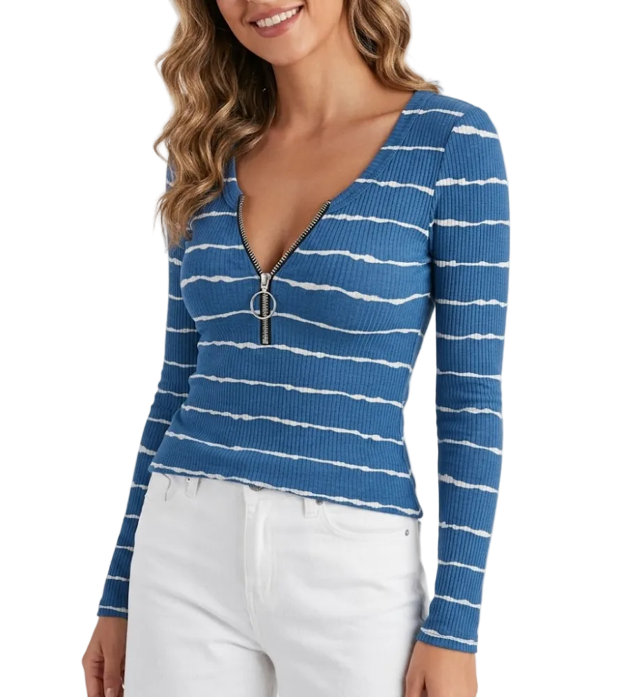 Timeless V -Zipped Neck Line Knitted Tunic Long Sleeve T Shirt - SM8-TOP-92