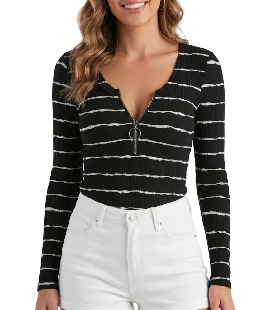 Timeless V -Zipped Neck Line Knitted Tunic Long Sleeve T Shirt - SM8-TOP-92