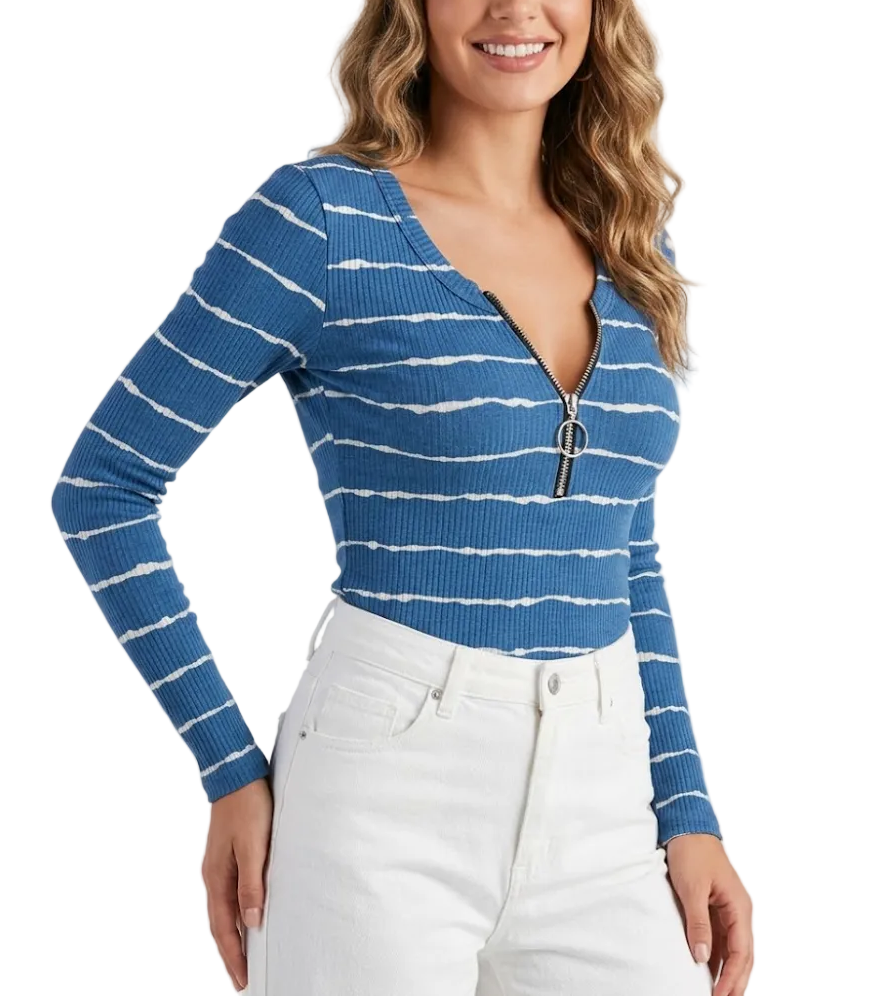 Timeless V -Zipped Neck Line Knitted Tunic Long Sleeve T Shirt - SM8-TOP-92