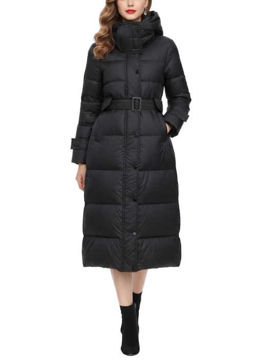Timeless Warm Belted 90% White Duck Down Quilted Hooded Long Slim Fit Jacket for Women - B12-JKT-74
