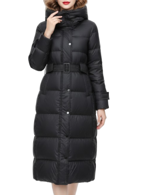 Timeless Warm Belted 90% White Duck Down Quilted Hooded Long Slim Fit Jacket for Women - B12-JKT-74
