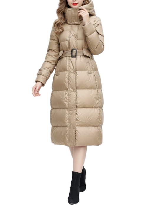 Timeless Warm Belted 90% White Duck Down Quilted Hooded Long Slim Fit Jacket for Women - B12-JKT-74