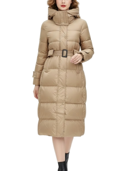 Timeless Warm Belted 90% White Duck Down Quilted Hooded Long Slim Fit Jacket for Women - B12-JKT-74