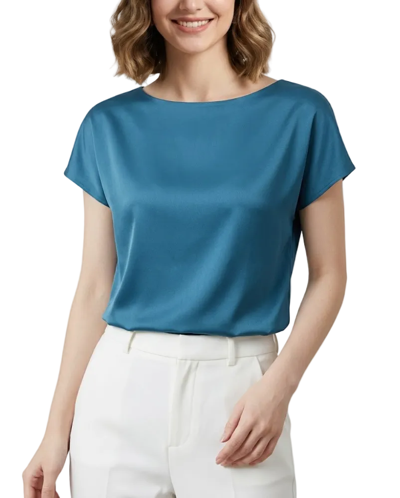 Timeless Women's Stain Silk Small to Plus Size O-neck Short Sleeve SHIRT-BL138