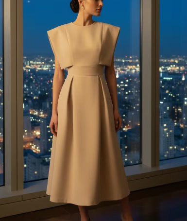 Timeless & Elegant Flying Sleeves Pleated Champagne Color A- Line Versatile Dresses  - B4-DRESS-B377