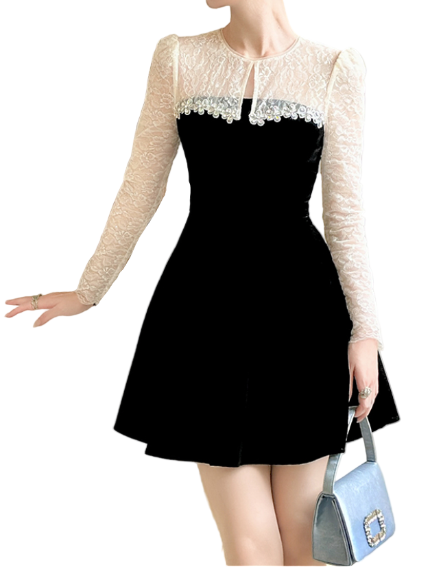 Timeless & Elegant Lace Long Sleeve Versatile Black Velvet Short Dresses  - B4-DRESS-B379
