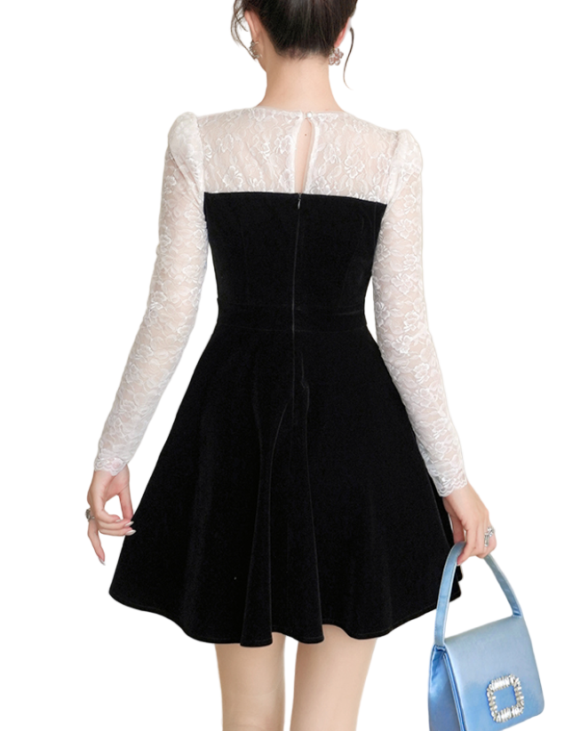 Timeless & Elegant Lace Long Sleeve Versatile Black Velvet Short Dresses  - B4-DRESS-B379