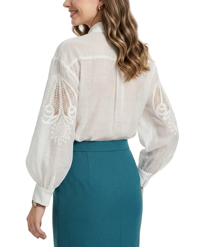 Timeless & Elegant Long Embroidered Sleeve White Collar Shirts for Women  - B6-TOP-B701
