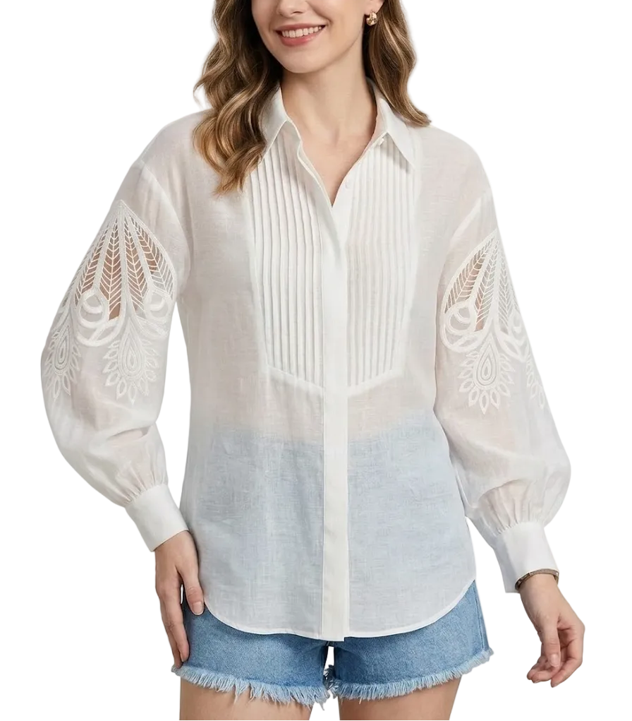 Timeless & Elegant Long Embroidered Sleeve White Collar Shirts for Women  - B6-TOP-B701
