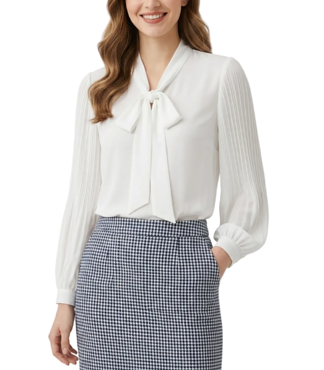 Timeless & Elegant  Long Sleeve Bow V-neck Chiffon Pullover Blouse for Women  - B13-TOP-107