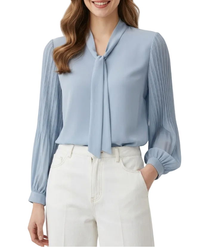 Timeless & Elegant  Long Sleeve Bow V-neck Chiffon Pullover Blouse for Women  - B13-TOP-107