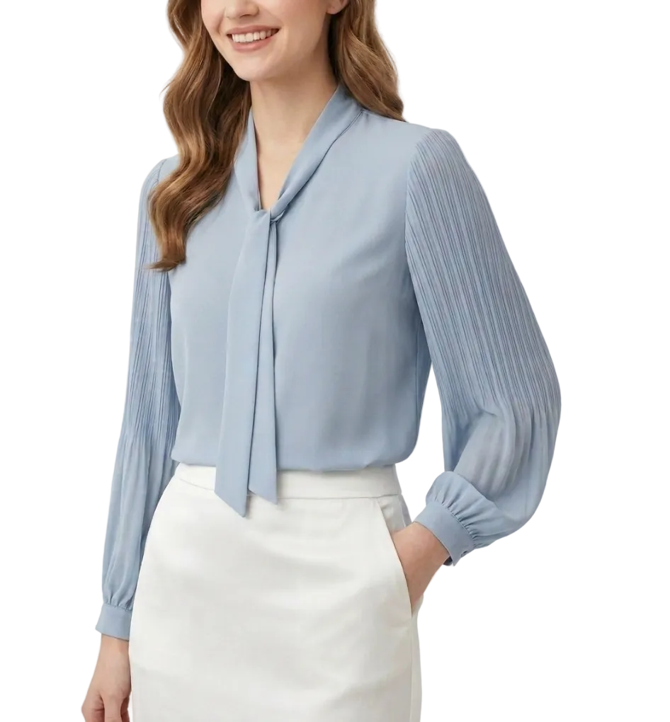 Timeless & Elegant  Long Sleeve Bow V-neck Chiffon Pullover Blouse for Women  - B13-TOP-107