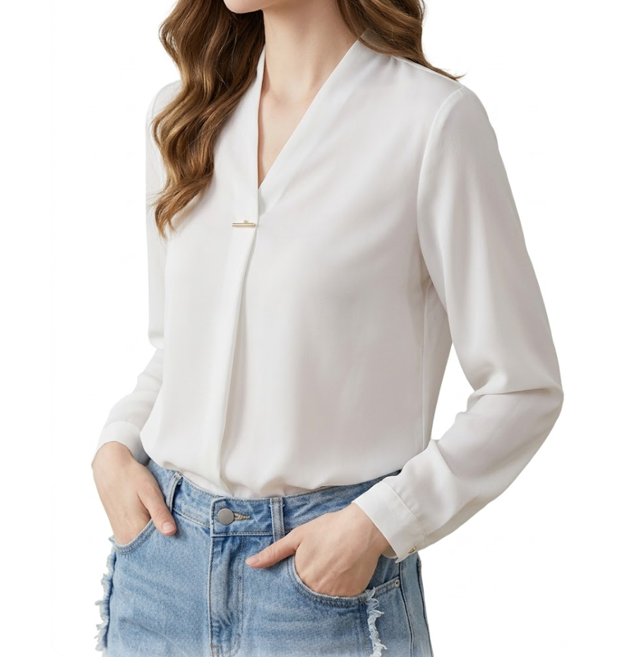 Timeless & Elegant Long Sleeve Chiffon V-Neck Blouses for Women  - B13-TOP-393