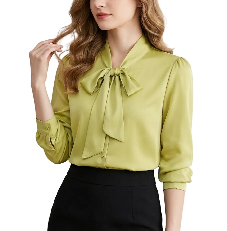 Timeless & Elegant Long Sleeve Bow Satin Blouses for Women  - B13-TOP-409