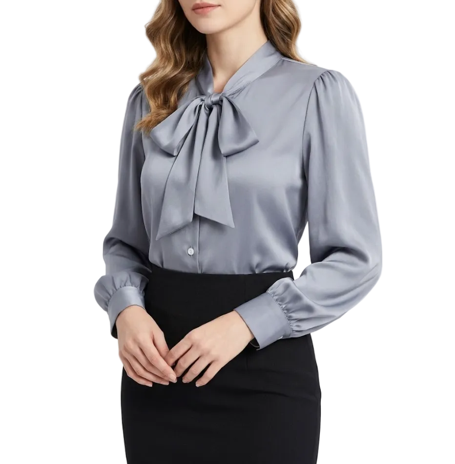 Timeless & Elegant Long Sleeve Bow Satin Blouses for Women  - B13-TOP-409