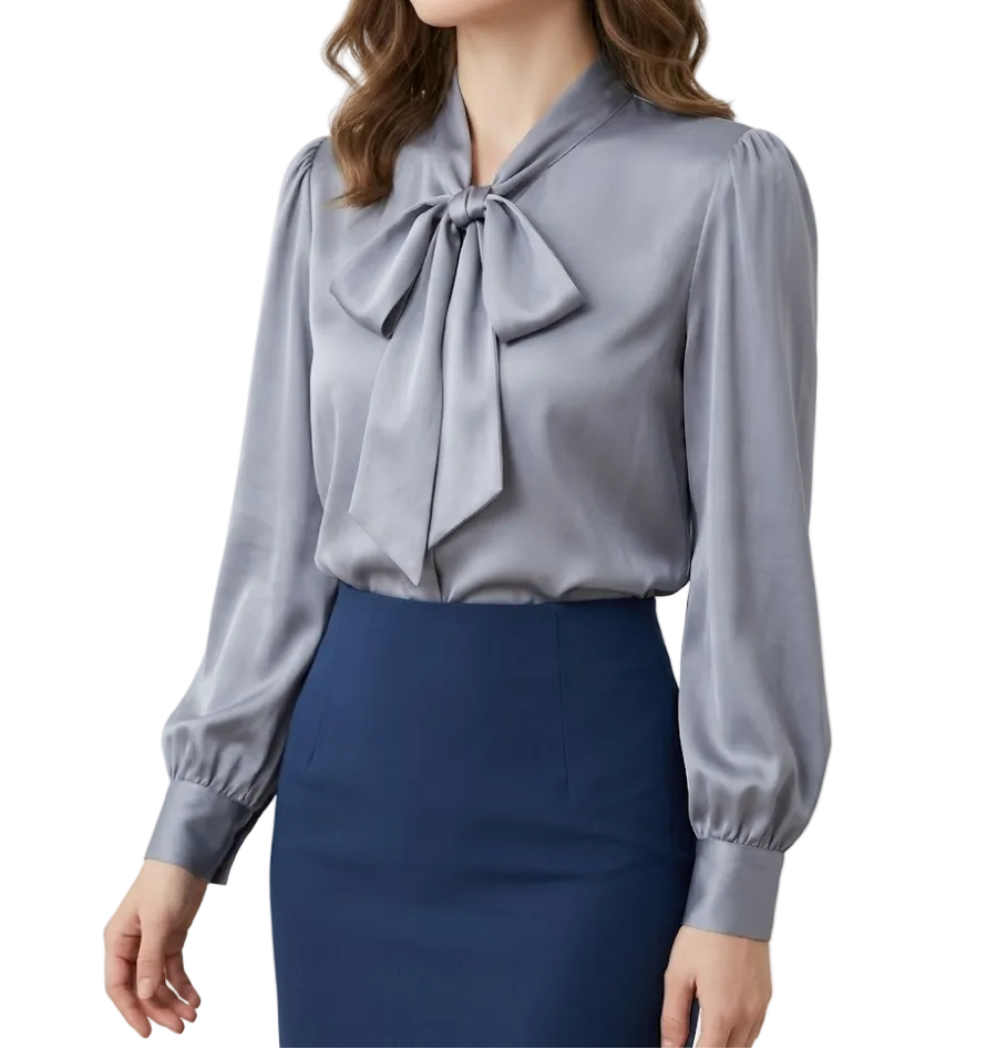 Timeless & Elegant Long Sleeve Bow Satin Blouses for Women  - B13-TOP-409