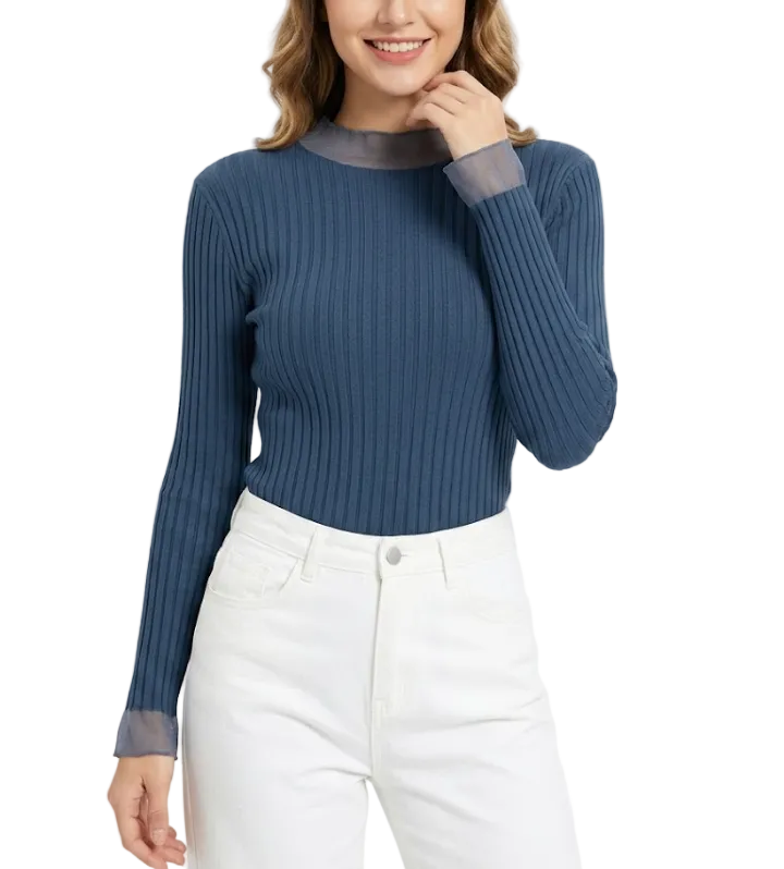 Timeless & Elegant Long Sleeve Laced Ribbed Blouses  - B1-TOP-V187