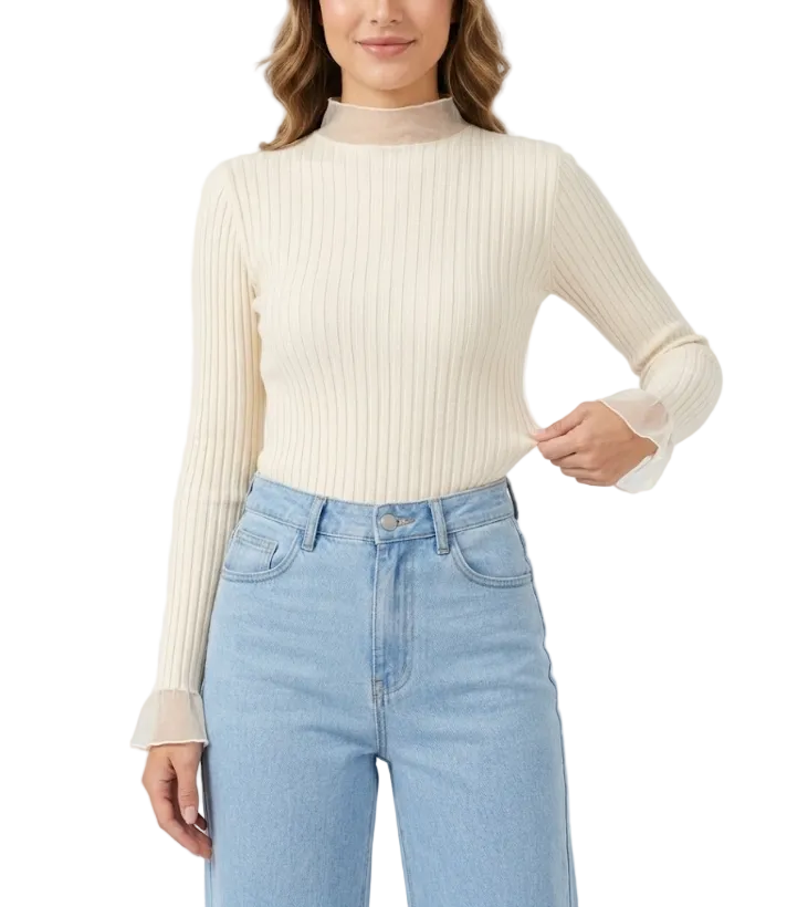 Timeless & Elegant Long Sleeve Laced Ribbed Blouses  - B1-TOP-V187