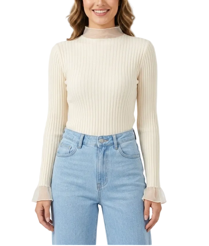Timeless & Elegant Long Sleeve Laced Ribbed Blouses  - B1-TOP-V187