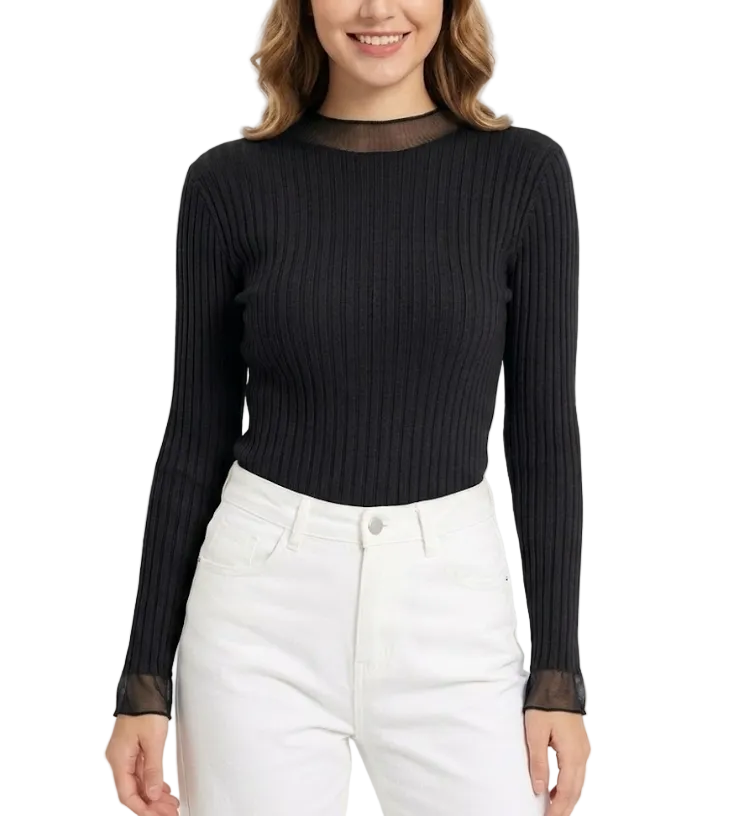 Timeless & Elegant Long Sleeve Laced Ribbed Blouses  - B1-TOP-V187