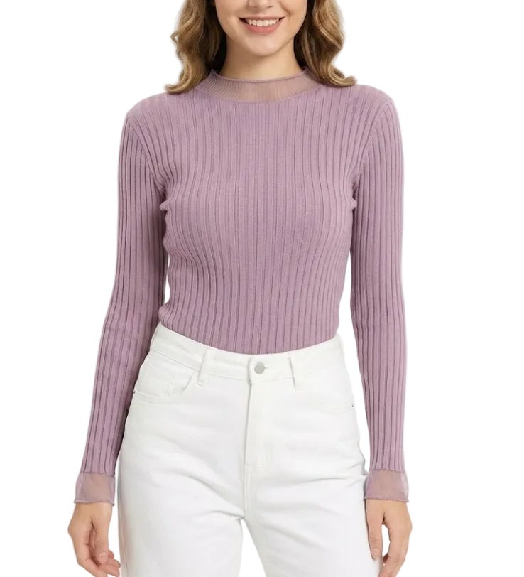 Timeless & Elegant Long Sleeve Laced Ribbed Blouses  - B1-TOP-V187
