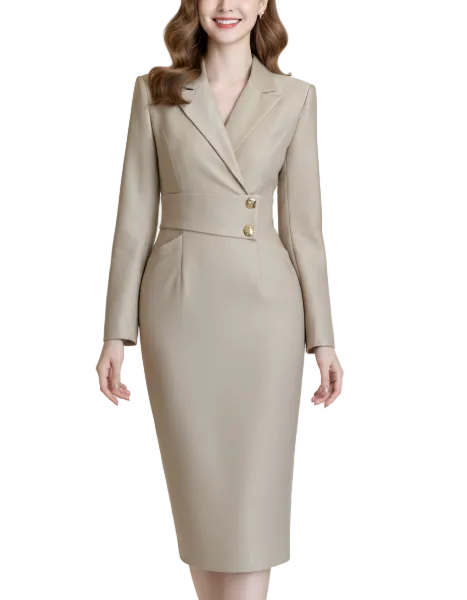 Timeless & Elegant Long Sleeve Lapel Neck Slim Waist Professional & Versatile Dresses  - B4-DRESS-B359