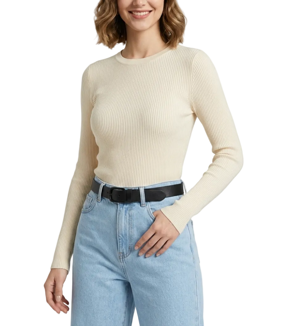 Timeless & Elegant Long Sleeve Round Neck Ribbed Blouses - B1-TOP-V131