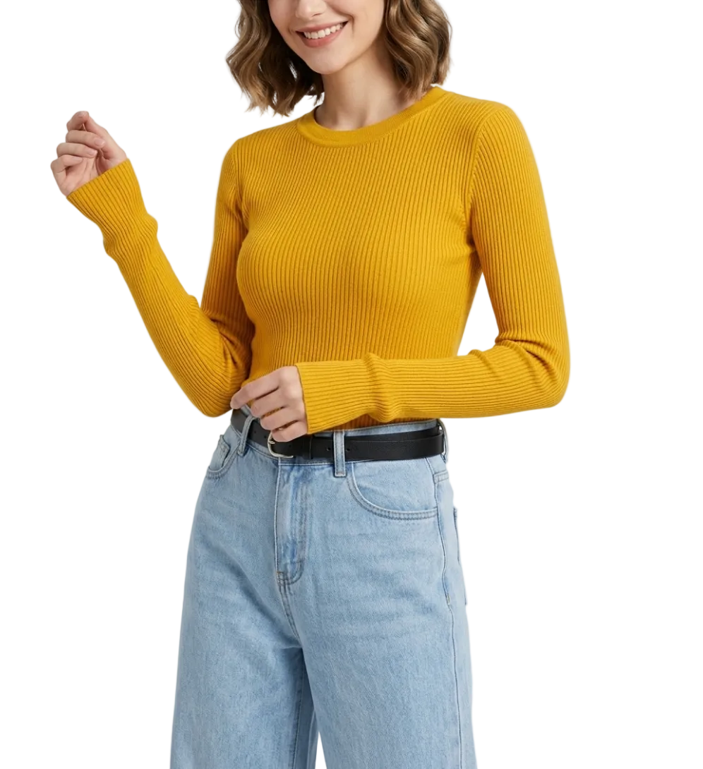 Timeless & Elegant Long Sleeve Round Neck Ribbed Blouses - B1-TOP-V131